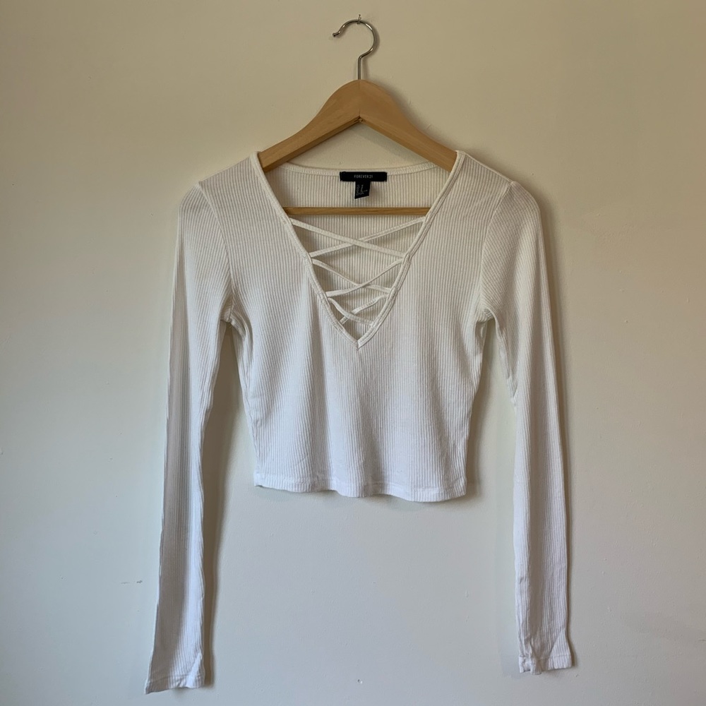Ribbed Long Sleeve Crop Top with Cross Pattern